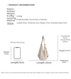 Spécifications détaillées du sac cabas en maille avec iPhone 16 Pro Max pour l'échelle