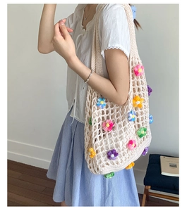 Detailed close-up of handmade crochet tote bag with colorful 3D floral weave patterns