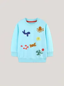 Girls Cute Ocean Animal Toweling Embroidered Cotton Knitted Sweatshirt Soft Ribbed Trim Long Sleeve Casual Pullover Top