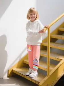 Girls Fashion Cotton Joggers Soft Pink Sport Pants With Cute Unicorn Applique Rainbow Embroidery For Kids Daily Wear
