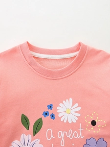 Pink girl's cotton sweatshirt featuring ribbed crew neck and floral A Great graphic print