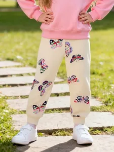 Girls Butterfly Print Cotton Joggers Kids Casual Sweatpants Beige Drawstring Cuffed Pants Soft Autumn Outfits For Children