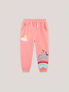 Pink toddler girls jogging pants with unicorn embroidery and elastic drawstring waist