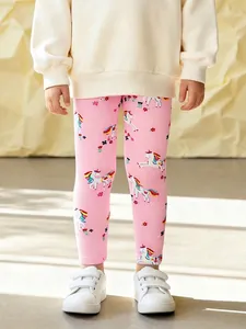 Girls Pink Unicorn Printed Leggings Soft Cotton Elastic Waistband Casual Stretch Tights For Toddler Kids 2-7 Years