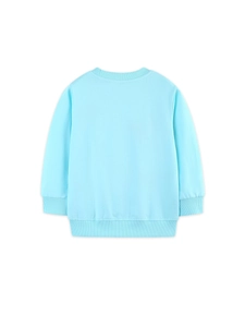 Back view of a light blue cotton knitted sweatshirt for girls with ribbed cuffs and hem