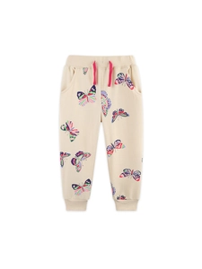Girls' beige cotton jogger pants with colorful butterfly prints and pink drawstring waist