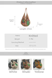 Detailed size specifications and color comparison of the knitted embroidery tote bag