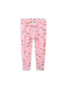 Pink toddler leggings with unicorn and floral prints featuring elastic waist and hem cuffs