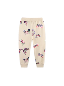 Girls butterfly print joggers with elastic waist and ribbed cuffs in soft cream cotton