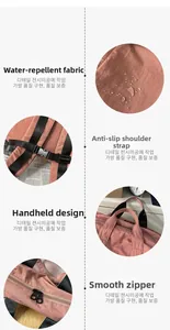 Detail showing water-repellent fabric, non-slip buckle, and smooth zipper of pink backpack