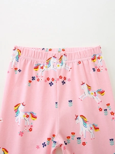 Pink toddler leggings featuring cute rainbow unicorn and floral prints with elastic waist