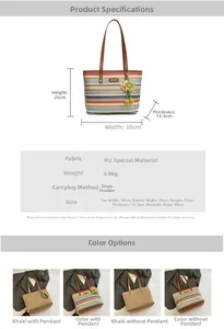 Detailed size specifications for large capacity striped straw tote bag with dimensions
