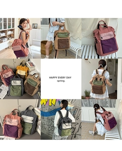Detailed close-up of multi-pocket contrast color school backpacks in various styles
