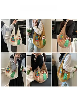 Detail view of hollow knit tote bags with cartoon patches in various stylish colors