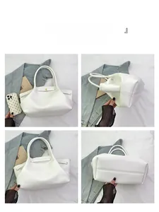 Detailed multi-angle views of a white leather tote bag with stylish dumpling shape design