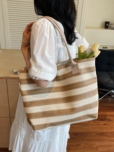 Sac Cabas Tissé à Rayures de Grande Capacité pour Femmes Sac à Main en Paille Décontracté pour la Plage et les Vacances