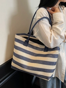 Sac fourre-tout tissé à rayures bleues et blanches de grande capacité pour la plage