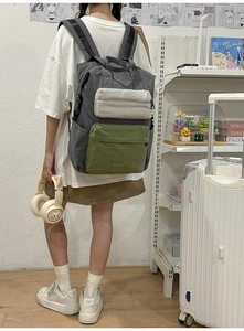 Detailed close-up of a multi-pocket patchwork backpack in grey, green and beige nylon