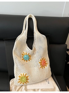 Sac Fourre-Tout en Crochet à la Main Fleurs pour Femmes Sac à Épaule Tissé Mailles Ajourées Grande Capacité Sac de Plage Été