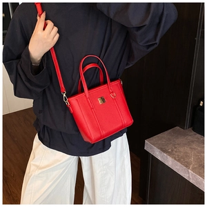 Detail of red lychee pattern bucket bag featuring a gold metal buckle and strap