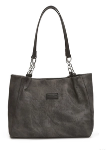 Minimalist charcoal grey large tote bag with silver chain straps and New York logo patch