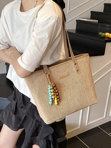 Women Large Capacity Straw Woven Tote Bag Bohemian Striped Beach Shoulder Bag With PU Leather Handle Vacation Handbag