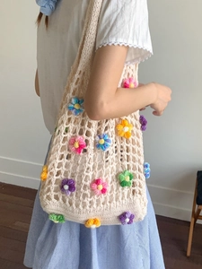 Women Handmade Crochet Woven Tote Bag Sweet Floral Hollow Out Summer Beach Shoulder Bag Casual Knitted Daily Handbag