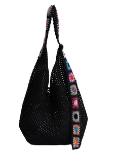 Sac cabas au crochet noir bohème avec bandoulière à broderie florale colorée