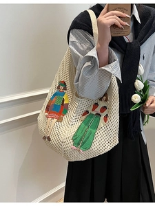 Chic beige knit hollow tote bag with cartoon patches for daily beach or commute use