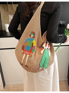 Lazy style knit crochet tote bag featuring artistic cartoon embroidery and mesh texture
