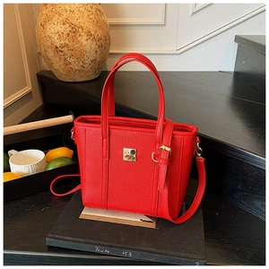 Macro shot of red pebble leather bucket bag with gold buckle and adjustable strap
