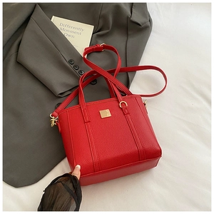 Detail of red bucket bag featuring lychee texture leather and gold metal hardware