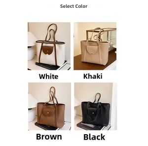 Detail shots of minimalist lychee leather tote bags in four classic neutral colors