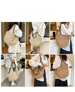 Vue multi-angle d'un grand sac à bandoulière en paille avec bordure noire et tissage main