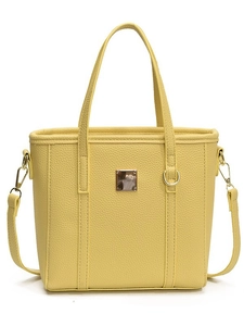 Minimalist bright yellow bucket bag with lychee texture and gold buckle detail