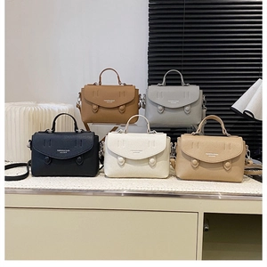 Detailed set of crossbody bags in five colors showing leather texture and buckles