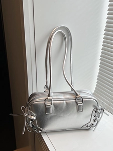 Borsa Sottobraccio in PU con Fiocco Moda Donna Borsa a Tracolla Lucida Metallizzata Stile Y2K Borsa a Mano per Uso Quotidiano