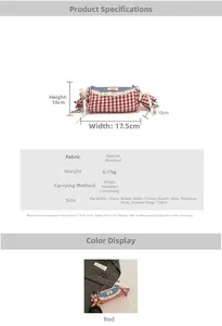 Detailed view of gingham candy-shaped handbag with lace trim and size specifications