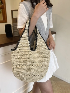Sac Fourre-Tout en Paille Tissée pour Femmes Grande Capacité Fait à la Main Sac à Bandoulière de Plage Bohême Été Décontracté Doublure