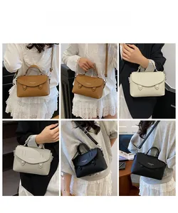 Collage of leather handbags in brown, beige, grey and black colors shown on model