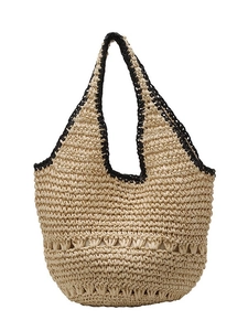 Sac fourre-tout en paille fait main avec bordure noire et motif en losange pour la plage