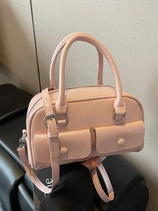 Women PU Leather Boston Bag Niche Design Pillow Handbag With Dual Front Pockets Adjustable Strap Daily Fashion Crossbody Bag
