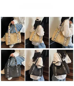 Detailed views of a large canvas tote bag with floral print straps for daily commute