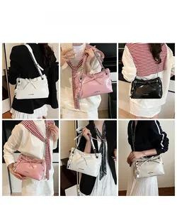 Chic bow-knot crossbody bag with chain strap shown on models in various outfits
