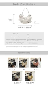 Spécifications du sac croissant en PU avec nœud, poids 0,28 kg et dimensions détaillées