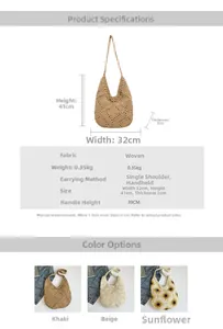 Detailed size chart and dimensions of the hand-woven cotton crochet tote bag with handles