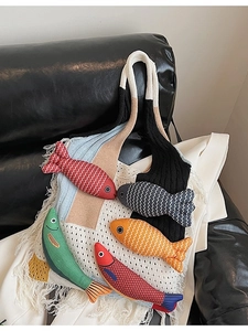 Women Knitting Tote Bag With 3D Fish Decor Tassels Patchwork Crochet Shoulder Bag Large Capacity Vintage Handbag