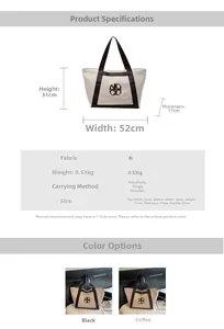 Detailed size specifications of large canvas tote bag with height and width measurements