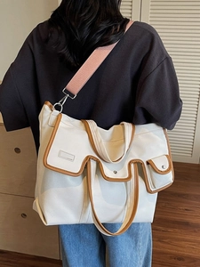 Sac Fourre-tout en Toile Grande Capacité pour Femmes Mode Bloc de Couleur Style Workwear Sac à Bandoulière Épissage