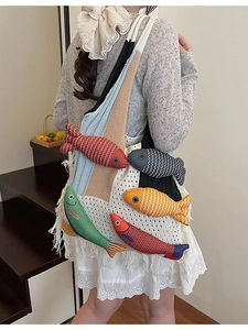 Handmade crochet tote bag with colorful 3D fish dolls and knitted mesh patchwork pattern